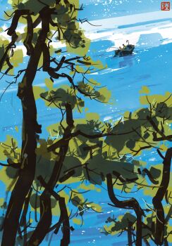 2others animal blue_sky boat day dog fishing highres multiple_others neo1900 original outdoors reflection reflective_liquid scenery sky tree water watercraft