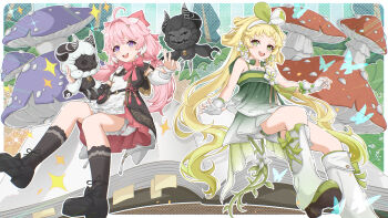 2girls :d agiri_(agiri_box) ahoge arm_warmers bag black_arm_warmers black_bag black_bow black_footwear black_socks blonde_hair bloomers blue_butterfly blue_eyes blush book bookmark border bow bow_hairband bug bush butterfly chinese_clothes cloudy_(wuthering_waves) collarbone commentary cosmos_(wuthering_waves) cross-shaped_pupils detached_collar dress earrings encore_(wuthering_waves) english_commentary eyelashes fingerless_gloves flower flower_earrings fly_agaric footwear_bow frills gloves glowing_butterfly gold_earrings gold_trim gradient_clothes gradient_dress gradient_hair green_bow green_dress green_eyes green_footwear green_hair green_hairband hair_bobbles hair_bow hair_intakes hair_ornament hair_ribbon hairband hairclip hands_up highres holding holding_stuffed_toy insect jewelry leg_warmers long_hair looking_at_viewer low_twintails mandarin_collar mismatched_arm_warmers multicolored_hair multiple_girls mushroom o-ring open_book open_mouth outside_border pink_bow pink_hair pink_pupils pink_ribbon pink_skirt plant pleated_skirt ribbon shoes short_shorts short_sleeves shorts sidelocks skirt skirt_under_dress sleeveless sleeveless_dress smile socks sparkle stuffed_animal stuffed_sheep stuffed_toy symbol-shaped_pupils tacet_mark_(wuthering_waves) tassel teeth thick_eyebrows transparent_butterfly twintails two-tone_dress underwear upper_teeth_only verina_(wuthering_waves) very_long_hair vines white_arm_warmers white_bloomers white_border white_flower white_gloves white_hairband white_leg_warmers white_shorts wuthering_waves yellow_pupils