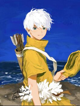 1boy arrow_(projectile) artist_name beach blue_sky closed_mouth day dr._stone from_side green_eyes hat highres holding looking_at_viewer male_focus ocean outdoors quiver saionji_ukyou shirt short_hair short_sleeves signature sky smile solo tano_(kaw_ano) unworn_hat unworn_headwear upper_body water white_hair yellow_shirt