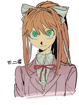 1girl bow brown_hair character_name closed_eyes collared_shirt doki_doki_literature_club doki_doki_literature_club_school_uniform green_eyes hair_between_eyes hair_bow hair_intakes jacket light_smile long_hair looking_at_viewer monika_(doki_doki_literature_club) neck_ribbon pink_jacket ponytail portrait pure_to_ma red_ribbon ribbon school_uniform shirt sidelocks sketch solo suit_jacket white_background white_bow white_shirt