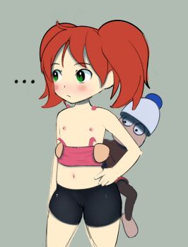 ... 1boy 1girl bike_shorts blush breasts cameltoe clothes_pull expressionless green_eyes highres legs medium_hair midriff monkey navel nipples pipo_monkey pulling_another's_clothes saru_getchu sayaka_(saru_getchu) small_breasts sony tank_top thighs twintails undressing undressing_another