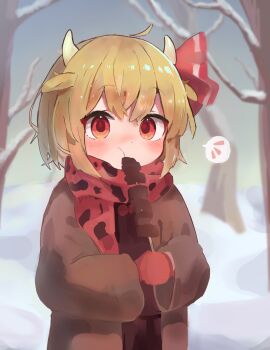 1girl alternate_costume ameshi_(rzuw4482) bare_tree blonde_hair blush brown_jacket chinese_zodiac commentary cow_horns eating food hair_ribbon highres holding holding_skewer horns jacket long_sleeves looking_at_viewer meat medium_hair outdoors red_eyes red_ribbon red_scarf ribbon rumia scarf skewer snow solo touhou tree winter year_of_the_ox