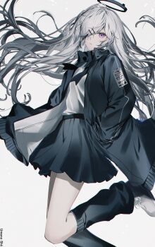 1girl artist_name black_coat coat grey_background grey_hair hair_ornament hair_over_one_eye hairclip halo hand_in_pocket highres long_hair loose_socks necktie open_mouth original pleated_skirt purple_eyes simple_background skirt socks solo umeno_shii