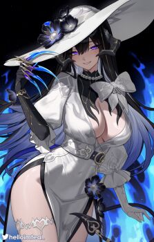 Rule 34 | 1girl, arm at side, artist name, asymmetrical gloves, bare legs, belt, belt around waist, black background, black belt, black collar, black flower, black gloves, black hair, black horns, black tail, blue claws, blue fire, blue hair, blue petals, bracelet, breasts, chain, chain bracelet, cleavage, collar, colored inner hair, commentary, contrapposto, covered groin, curvy, demon girl, demon horns, demon tail, double-parted bangs, dress, dress flower, dress ribbon, duplicate, earrings, elbow gloves, english commentary, fake claws, fire, floral print, floral print dress, floral print hat, flower, gem, gloves, gold bracelet, gold chain, gold claws, gold horns, gold trim, gradient petals, grin, hair between eyes, hair flower, hair ornament, hair over shoulder, half-closed eyes, hand up, hat, head tilt, heart thigh strap, helloimtea, high collar, highres, honkai: star rail, honkai (series), horns, jewelry, large breasts, light blush, long hair, long sidelocks, looking at viewer, low horns, mature female, mismatched gloves, mole, mole under eye, multicolored hair, multicolored horns, paid reward available, pale skin, pearl (gemstone), pearl earrings, petals, pink lips, pixel-perfect duplicate, print dress, puffy short sleeves, puffy sleeves, purple eyes, purple petals, raised inner eyebrows, ribbon, shiny skin, short sleeves, side slit, sidelocks, simple background, smile, solo, standing, streaked hair, sun hat, tail, tail ornament, the dahlia (honkai: star rail), thick thighs, thigh strap, thighs, twitter username, two-tone belt, two-tone horns, very long hair, very long tail, white belt, white gloves, white hat, white petals, white ribbon, wrist flower