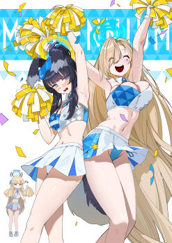 3girls absurdres alternate_costume animal_ears asuna_(blue_archive) bare_shoulders blonde_hair blue_archive blue_eyes blue_panties blush breasts cheering cheerleader closed_eyes confetti dog_ears dog_girl dog_tail double_v embarrassed eyewear_on_head hair_over_one_eye halo hibiki_(blue_archive) hibiki_(cheer_squad)_(blue_archive) highleg highleg_panties highres holding holding_pom_poms large_breasts long_hair midfinger millennium_cheerleader_outfit_(blue_archive) multiple_girls navel official_alternate_costume panties pantyshot pom_pom_(cheerleading) pom_poms skirt smile sticker sticker_on_face stomach tail toki_(blue_archive) underwear v very_long_hair white_panties white_skirt