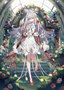 1girl anklet blunt_bangs bukurote closed_mouth cone_hair_bun dress fate/grand_order fate_(series) flora_(fate) flower full_body game_cg hair_bun hair_flower hair_intakes hair_ornament interlocked_fingers jewelry leg_up long_hair long_sleeves looking_at_viewer monocle official_art orange_shoes own_hands_together pink_eyes shawl shoes short_dress sidelocks smile solo symbol-shaped_pupils third-party_source white_dress