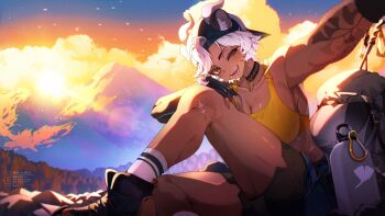absurdres animal_ears arm_tattoo backpack backwards_hat bag bottle choker fangs fingerless_gloves gloves hat highres horns mountain mountain_climbing one_eye_closed sansin_jin shorts socks sports_bra striped_clothes striped_socks sunset tattoo water_bottle weiic white_hair