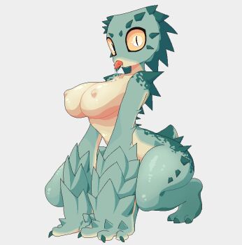 1girl animal_feet animal_hands barbed_tongue barefoot breasts chatacabra claws colored_sclera colored_skin completely_nude drooling female_focus full_body furry furry_female green_skin grey_background hands_on_ground jaggy_lines large_breasts looking_at_viewer monster_hunter_(series) monster_hunter_wilds multicolored_skin neamosub nipples nude open_mouth personification reptile_girl saliva short_tail simple_background slit_pupils solo spikes squatting tail tongue tongue_out white_eyes wide-eyed yellow_sclera yellow_skin