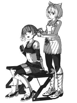 2girls animal_ears boots breasts cat_ears cat_girl chin_bell clenched_hand closed_mouth collarbone commentary_request crop_top fiery_hair fingerless_gloves gloves greyscale highres medium_breasts mio_(xenoblade) monochrome multiple_girls navel open_mouth pantyhose pleated_skirt sena_(xenoblade) shorts side_ponytail simple_background sitting skirt smile thighhighs white_background xenoblade_chronicles_(series) xenoblade_chronicles_3