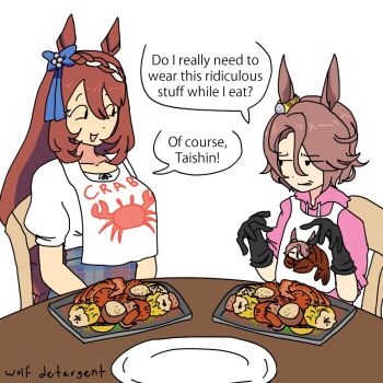 2girls :d alternate_costume animal_ears bib black_gloves bow braid brown_hair commentary corn crab crayfish ear_ribbon eating english_commentary eye_contact food gloves hood hoodie horse_ears horse_girl long_hair looking_at_another multiple_girls narita_taishin_(umamusume) open_mouth pink_hoodie potato scowl seafood shirt short_hair short_sleeves shrimp sitting smile speech_bubble super_creek_(umamusume) table umamusume white_background white_shirt wolfdetergent