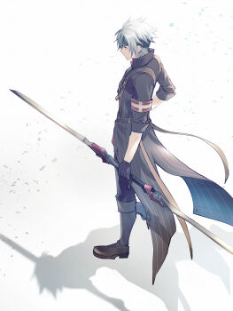 1boy absurdres armband black_gloves black_headband black_pants boots coat crow_armbrust double_blade eiyuu_densetsu floating_clothes full_body gloves hand_on_own_hip headband highres holding holding_weapon male_focus mullet pants parted_bangs pearscoke red_eyes sen_no_kiseki sen_no_kiseki_(series) sen_no_kiseki_ii shadow simple_background solo weapon white_background white_hair