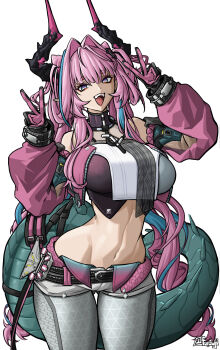 1girl :d absurdres arknights arknights:_endfield blue_eyes breasts commentary cowboy_shot crop_top double_v english_commentary furauji grey_pants hair_intakes highres horns large_breasts long_hair long_sleeves multicolored_hair navel open_mouth pants pink_hair smile solo standing stomach streaked_hair tail v very_long_hair white_background yvonne_(arknights)