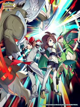 1boy 1girl alternate_color black_bodysuit black_gloves black_sclera blue_eyes bodysuit bodysuit_under_clothes boots breasts brown_eyes brown_hair claws closed_mouth colored_sclera commentary_request cropped_jacket dragon feathers fingerless_gloves gen_5_pokemon gloves hat hat_feather highres hilbert_(champion)_(pokemon) hilbert_(pokemon) hilda_(champion)_(pokemon) hilda_(pokemon) holding holding_poke_ball iron_leaves jacket kyurem legendary_pokemon long_hair long_sleeves necktie nintendo non-humanoid_robot official_alternate_costume official_art pants pink_eyes pink_necktie pink_sclera poke_ball poke_ball_(basic) pokemon pokemon_(creature) pokemon_masters_ex ponytail red_eyes robot robot_animal sharp_teeth shiny_clothes shirt short_hair shorts teeth thighhighs tiara white_boots white_jacket white_kyurem white_shorts white_thighhighs