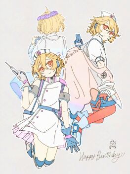 Rule 34 | 1girl, armband, belt, blonde hair, boots, braid, camera, closed mouth, coat, collared shirt, commentary request, double v, dress, flower wreath, gloves, happy birthday, head tilt, head wreath, headset, highres, holding, holding camera, holding syringe, looking at viewer, mechanical legs, multiple views, nurse robot type t, nurse robot type t (vocaloid6), off shoulder, orange eyes, orange pantyhose, pantyhose, puffy short sleeves, puffy sleeves, shirt, short hair, short sleeves, sleeveless, sleeveless dress, smile, syringe, tadanoco, utau, v, vocaloid