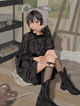 1girl absurdres animal_ears black_boots black_dress black_hair blanket blush boots brooch brown_eyes collar commentary_request double-parted_bangs dress easel frilled_collar frills garter_straps hair_between_eyes hand_on_own_chin high_collar highres jewelry kneehighs kouroul long_sleeves looking_at_viewer nail_polish original paint_palette paintbrush pale_skin puffy_long_sleeves puffy_sleeves shelf short_hair sidelocks sitting socks solo