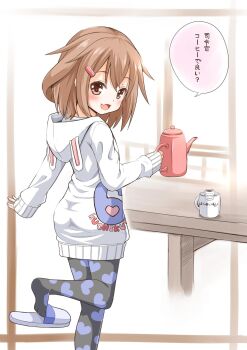 10s 1girl animal_hood brown_eyes brown_hair coffee_pot commentary_request cup dress fang feet female_focus fujishima_shinnosuke hair_ornament hairclip heart heart_print highres hood hooded_sweater hoodie ikazuchi_(kancolle) kantai_collection leggings looking_at_viewer looking_back mug pantyhose print_legwear rabbit_hood shoe_dangle short_hair slippers solo sweater sweater_dress translation_request