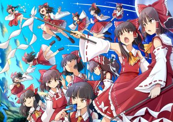 Rule 34 | 6+girls, ability card (touhou), absurdres, annotation request, ascot, bow, brown hair, closed mouth, commentary request, copyright request, detached sleeves, embodiment of scarlet devil, flower, frilled ascot, frilled bow, frilled hair tubes, frills, gohei, hair bow, hair tubes, hakurei reimu, hidden star in four seasons, highres, holding, holding gohei, holding hands, kitayama miuki, legacy of lunatic kingdom, long hair, multiple girls, multiple persona, ofuda, open mouth, orange eyes, outdoors, partially annotated, paw print, paw print pattern, phantasmagoria of flower view, purple ascot, red ascot, red bow, red skirt, ribbon-trimmed skirt, ribbon-trimmed sleeves, ribbon trim, shoes, skirt, skirt set, smile, socks, subterranean animism, ten desires, touhou, unconnected marketeers, unfinished dream of all living ghost, white socks, wily beast and weakest creature, yellow ascot