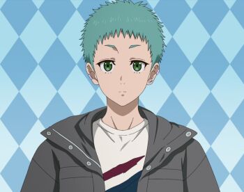 1girl blue_background blue_hair futari_solo_camp green_eyes highres hino_mizuki jacket shirt short_hair upper_body white_shirt