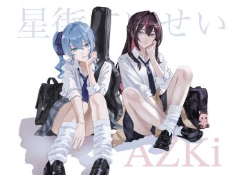 2girls absurdres alternate_costume asymmetrical_sidelocks azki_(hololive) black_bag black_necktie black_skirt blue_eyes blue_hair blue_necktie blue_ribbon character_name clothes_around_waist collared_shirt colored_inner_hair commentary_request crossed_ankles dhbwinner double-parted_bangs flower_hairpin full_body grey_skirt guitar_case hair_between_eyes hair_ribbon hand_on_own_cheek hand_on_own_chin hand_on_own_face hand_up highres hololive hoshimachi_suisei instrument_case instrument_case_on_back kneehighs knees_together_feet_apart knees_up loafers long_hair looking_at_viewer loose_necktie loose_socks medium_hair miniskirt multicolored_hair multiple_girls necktie pink_hair plaid_clothes plaid_skirt pleated_skirt purple_eyes purple_hair ribbon school_uniform shirt shoes side_ponytail sidelocks simple_background sitting skirt sleeves_rolled_up socks star_(symbol) star_in_eye sweater sweater_around_waist symbol_in_eye virtual_youtuber white_background white_shirt