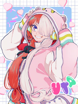 1girl absurdres animal_hood character_name grin hair_over_one_eye headphones heart heart_blody highres hood hood_up hoodie jacket letterman_jacket long_hair long_sleeves looking_at_viewer multicolored_hair one_piece pink_hoodie red_hair sleeves_past_wrists smile solo split-color_hair teeth two-tone_hair two-tone_hoodie uta_(one_piece) white_hair white_hoodie
