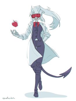 1girl :d absurdres apple black_necktie black_pants black_vest bow bowtie breasts coat collared_shirt demon_girl demon_tail food formal_clothes fruit full_body gloves goggles hand_in_pocket helltaker highres horns lab_coat long_hair long_sleeves loremaster_(helltaker) necktie noah_(tettsui-sole) open_clothes open_coat open_mouth pale_skin pants ponytail red_goggles red_shirt shirt simple_background smile solo suit tail teeth tinted_eyewear twitter_username upper_teeth_only vest walking white_background white_coat white_hair white_horns