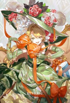 1girl :d bare_shoulders blonde_hair bow character_name chinstrap copyright_name dress drill_hair elbow_gloves facing_viewer flower gloves green_dress green_eyes green_gloves green_hat hands_up hat hat_feather hat_flower highres logo long_hair looking_to_the_side low_twintails open_mouth orange_bow picture_hat red_flower red_rose reverse:1999 rose sleeveless sleeveless_dress smile solo sotheby teeth twin_drills twintails upper_body vvv_rendez