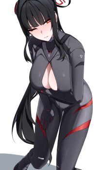 1girl absurdres black_bodysuit black_hair black_halo blue_archive blunt_bangs blush bodysuit breasts bright_pupils center_opening commentary_request hair_between_eyes halo highres korean_commentary large_breasts long_hair looking_to_the_side mechanical_halo official_alternate_costume official_alternate_hairstyle one_eye_closed ponytail pyeong_il red_eyes ringed_eyes rio_(armed)_(blue_archive) rio_(blue_archive) simple_background skin_tight solo very_long_hair white_background white_pupils