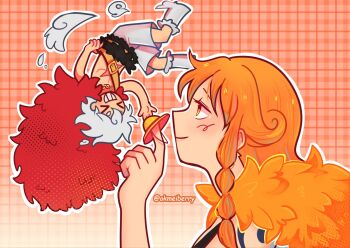 &gt;_&lt; 1boy 1girl braid braided_sidelock brown_eyes cape capelet checkered_background closed_eyes closed_mouth commentary cross_scar devil_fruit_power english_commentary floating_hair from_side fur-trimmed_capelet fur_cape fur_capelet fur_trim gear_fifth giant giantess gradient_background grin hat highres holding holding_unworn_clothes holding_unworn_hat index_finger_raised long_hair looking_at_another monkey_d._luffy nami_(one_piece) official_alternate_costume official_alternate_hairstyle okmeiberry one_piece open_clothes open_shirt orange_hair profile red_cape scar scar_on_chest scar_on_face shirt shorts size_difference smile straw_hat transformation twitter_username unworn_hat unworn_headwear upper_body upside-down wavy_hair white_hair white_shirt white_shorts yellow_capelet