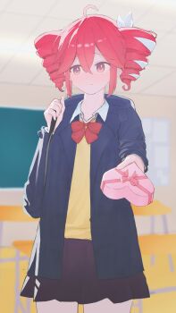 Rule 34 | 1girl, absurdres, ahoge, awaaki momiji, black skirt, blue jacket, blush, bow, bowtie, box, cardigan, classroom, commentary request, crossed bangs, drill hair, hair between eyes, hair ribbon, heart-shaped box, highres, incoming gift, indoors, jacket, kasane teto, kasane teto (sv), looking to the side, red bow, red bowtie, red eyes, red hair, ribbon, school uniform, skirt, solo, synthesizer v, twin drills, utau, valentine, white ribbon, yellow cardigan