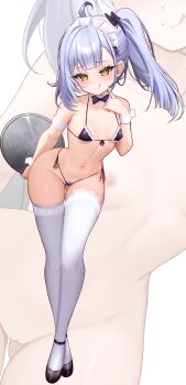 1girl absurdres ahoge arm_behind_back azur_lane bikini blue_hair bow bowtie breasts dot_nose finger_to_cheek full_body hair_bow highres kiari_art leaning_forward licking_lips loli looking_at_viewer maid maid_bikini maid_headdress mesugaki navel nipples ponytail pussy siren_(azur_lane) small_breasts string_bikini swimsuit thighhighs tongue tongue_out tray unconventional_maid wide_sleeves wrist_cuffs yellow_eyes