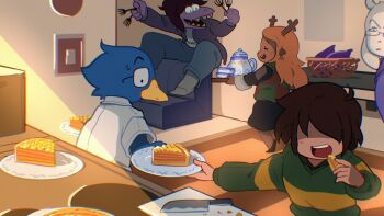 1boy 1other 3girls animal_ears annoyed antlers barefoot beak berdly_(deltarune) bird_boy black-framed_eyewear blonde_hair blue_feathers blue_pants brown_fur brown_hair carpet checkered_clothes checkered_sweater_vest checkered_vest couch cup deer_antlers deer_ears deer_girl deltarune denim eating eyelashes feathers food fork freckles furry furry_female glasses goat_girl green_sweater highres holding holding_fork holding_plate holding_tray hooves horns indoors jacket jeans kitchen knife kris_(deltarune) mother_and_child multiple_girls noelle_holiday on_couch open_clothes open_jacket open_mouth pants pie plate purple_jacket reindeer_antlers reindeer_girl reptile_girl shaded_face sharp_teeth single_horizontal_stripe smile socks susie_(deltarune) sweater teacup teapot teeth toriel tray two-tone_sweater_vest upper_teeth_only uri_(365mimimi) utdr_(toby_fox) v-shaped_eyebrows vest