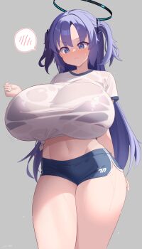1girl absurdres black_bra black_shorts blue_archive blue_eyes blush bra bra_visible_through_clothes breasts closed_mouth commentary_request curvy embarrassed gabai grey_background gym_uniform hair_between_eyes halo highres huge_breasts long_hair mechanical_halo navel purple_hair see-through_clothes shirt short_shorts short_sleeves shorts simple_background spoken_blush standing sweat thighs tied_shirt underwear v-shaped_eyebrows wet wet_clothes wet_shirt white_shirt yuuka_(blue_archive)