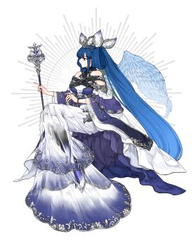 1girl absurdres angel_wings asymmetrical_wings blue_dress blue_hair bracelet commentary crossed_legs crown detached_sleeves dizzy_(guilty_gear) dress ebi_pri_shrimp formal_clothes from_side gown guilty_gear hair_ribbon hair_rings high_heels highres invisible_chair jewelry long_dress long_hair looking_to_the_side off-shoulder_dress off_shoulder queen red_eyes ribbon sidelocks simple_background sitting solo staff tiara twintails white_background white_dress white_footwear white_ribbon wide_sleeves wings