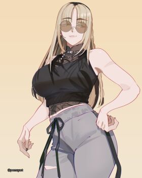 1girl aqua_eyes black_hair black_shirt black_tank_top blonde_hair braid breasts closed_mouth commentary cowboy_shot curtained_hair english_commentary grey_pants halter_shirt halterneck hand_on_own_hip high-waist_pants highres hololive hololive_dev_is koganei_niko large_breasts long_hair looking_at_viewer multicolored_hair navel orange-tinted_eyewear pants pomuya revision round_eyewear see-through_clothes see-through_shirt shirt side_braid simple_background sleeveless sleeveless_shirt solo straight_hair streaked_hair sunglasses sweatpants tank_top tinted_eyewear torn_clothes torn_pants virtual_youtuber yellow_background