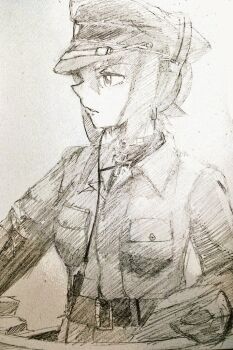 1girl collar_tabs commentary_request cross cuff_title girls_und_panzer greyscale hat hatch headset iron_cross max_wunsche military military_hat military_uniform military_vehicle monochrome motor_vehicle nazi nishizumi_maho peaked_cap short_hair simple_background sketch solo tank two_draw white_background world_war_ii