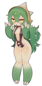 1girl absurdres areola_slip batrobin_k black_choker blush breasts choker claws commentary_request full_body green_hair hair_between_eyes hands_up highres korean_commentary league_of_legends long_hair looking_at_viewer open_mouth rammus simple_background slingshot_swimsuit small_breasts solo spikes standing swimsuit thighs white_background wide_hips yellow_eyes