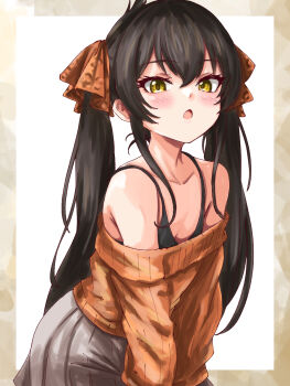 1girl :o animal_print bare_shoulders black_bra black_hair blush border bra brown_sweater commentary_request grey_skirt hair_ribbon highres idolmaster idolmaster_cinderella_girls leopard_print loli lone_nape_hair long_hair long_sleeves looking_at_viewer matoba_risa pale_skin ribbon skirt solo solo_focus sweater twintails underwear undressing very_long_hair white_background yata_goyogyo yellow_eyes