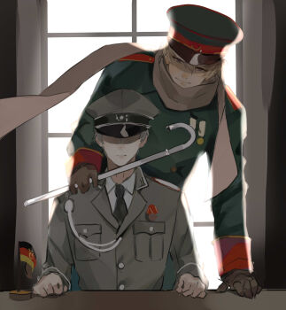 2boys absurdres axis_powers_hetalia black_necktie breast_pocket brown_gloves buttons closed_mouth collared_shirt commentary_request curtains floating_clothes german_flag gloves green_hat green_jacket grey_hair grey_hat grey_jacket grey_scarf hair_between_eyes hand_up hat highres holding holding_lead_pipe jacket kamui_(kurohshiro1) lapels lead_pipe long_sleeves looking_at_another male_focus medal military_hat military_jacket military_uniform multiple_boys necktie pocket prussia_(hetalia) purple_eyes russia_(hetalia) scarf shirt short_hair sitting smile standing table white_shirt window