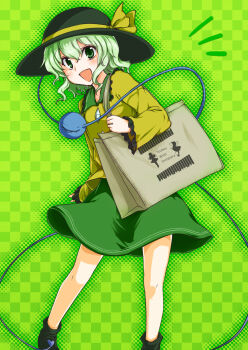 1girl :d bag blush brown_bag buttons checkered_background collar commentary_request diamond_button disembodied_linked_eye dithering english_text feet_out_of_frame frilled_shirt_collar frills green_background green_collar green_eyes green_hair green_hat green_shoes green_skirt hat highres knees komeiji_koishi long_sleeves medium_hair monrooru open_mouth ribbon shirt shoes skirt smile solo touhou yellow_ribbon yellow_shirt