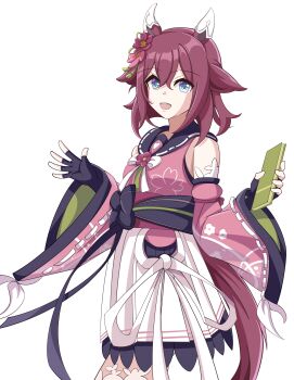 Rule 34 | 1girl, absurdres, animal ears, black gloves, blue eyes, bow, breasts, brown hair, cherry blossoms, commentary request, detached sleeves, fingerless gloves, flower, gloves, hair between eyes, hair flaps, hair flower, hair ornament, heart, highres, holding, horse ears, horse girl, horse tail, japanese clothes, looking at viewer, medium hair, open mouth, pink hair, pink sleeves, sakura chiyono o (hinoshita kaisan hana akari) (umamusume), sakura chiyono o (umamusume), simple background, skirt, smile, solo, tail, umamusume, white background, white bow, white skirt, xiaofeng