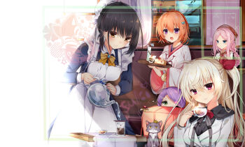 5girls :3 :d absurdres ahoge akizuki_kanna apron artist_name black_dress black_hair black_shirt blonde_hair blue_eyes blush bow bowtie braid braided_ponytail breasts brown_hat bun_cover cafe_stella_to_shinigami_no_chou cake cake_slice cat chinese_commentary closed_mouth coffee collared_shirt commentary cowboy_shot crossed_bangs crown cup dated_commentary dress eyelashes eyes_visible_through_hair food frilled_apron frills fruit green_eyes grey_cat hair_between_eyes hair_bow hair_bun hair_ornament hair_over_one_eye hairclip hand_up hat highres hiuchidani_mei holding holding_cup holding_teapot holding_tray imoe_(1017933989) indoors jacket japanese_clothes kimono large_breasts lips long_dress long_hair long_sleeves looking_at_another looking_at_viewer maid maid_apron medium_hair mikado_(cafe_stella) miko mole mole_under_eye motion_lines multiple_girls official_alternate_costume official_alternate_hairstyle one_eye_covered one_side_up open_mouth orange_hair parallel_hairclips parted_bangs pink_eyes pink_hair purple_eyes purple_hair red_bow red_bowtie shiki_natsume shioyama_suzune shirt single_hair_bun smile standing steam strawberry striped_bow striped_bowtie striped_clothes sumizome_nozomi tea teacup teapot tray upper_body very_long_hair water watermark white_apron white_jacket white_kimono wide_sleeves x_hair_ornament yellow_bow yellow_bowtie yellow_eyes