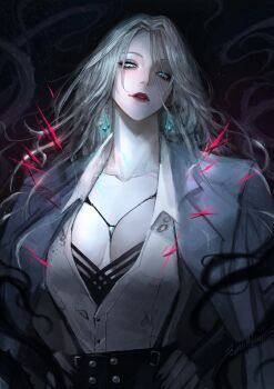 1girl black_nails blue_eyes body_markings breasts crystal_earrings earrings glowing glowing_eyes grey_jacket hands_on_own_hips highres jacket jacket_on_shoulders jewelry lips lipstick looking_at_viewer makeup necklace_between_breasts pale_skin path_to_nowhere red_lips renepolumorfous shirt smoke smoke_trail solo suspect_r_(path_to_nowhere) suspenders white_shirt