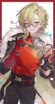 Rule 34 | 1boy, 256 zako, aventurine (honkai: star rail), aventurine (jiaduobao) (honkai: star rail), black gloves, black pants, blonde hair, chinese clothes, cowboy shot, fur collar, gloves, hashtag-only commentary, highres, honkai: star rail, honkai (series), jewelry, looking at viewer, male focus, one eye closed, pants, purple eyes, red shirt, shirt, solo, sunglasses
