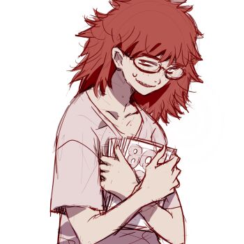 1girl book freckles glasses highres holding holding_book hugging_book hugging_object keuma looking_at_viewer messy_hair neet_girl_(baalbuddy) original red_hair sharp_teeth shirt solo sweat t-shirt teeth white_background