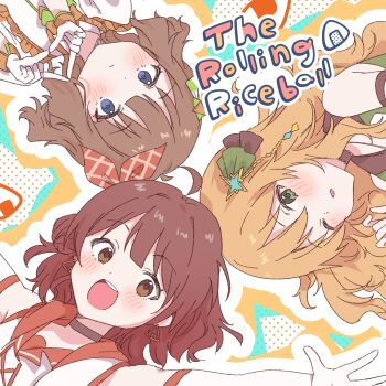 Rule 34 | 3girls, ahoge, blonde hair, blue eyes, blush, brown eyes, brown hair, closed mouth, commentary request, earrings, english text, food, food-themed earrings, gakuen idolmaster, green eyes, hair bun, hair ornament, hanami ume, highres, hoshii miki, idolmaster, idolmaster (classic), idolmaster million live!, jewelry, long hair, looking at viewer, meno (imas ll), multiple girls, onigiri, onigiri earrings, open mouth, short hair, single side bun, suou momoko, triangle hands