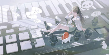 Rule 34 | 1girl, absurdres, artist request, bang dream!, bang dream! it's mygo!!!!!, belt, black hair, black shirt, black shoes, blue skirt, breasts, brown belt, cat, chinese commentary, commentary request, commission, headphones, highres, instrument, jacket, kaname raana, keyboard (instrument), long hair, medium breasts, musical note, open clothes, open jacket, oversized object, purple eyes, raana the cat, second-party source, shiina taki, shirt, shoes, skirt, white jacket