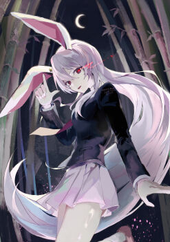 1girl absurdres animal_ears artist_name bamboo bamboo_forest black_jacket black_sky breasts collared_shirt commentary_request cowboy_shot crescent_moon dated floating_hair forest hair_between_eyes hand_up highres index_finger_raised jacket lapels long_hair long_sleeves looking_at_viewer medium_breasts miniskirt moon nature necktie night night_sky open_mouth outdoors pink_shoes pink_skirt pleated_skirt purple_hair rabbit_ears rabbit_girl red_eyes red_necktie red_pupils reisen_udongein_inaba shirt shoes sidelocks skirt sky smile socks solo standing standing_on_one_leg teeth touhou white_shirt white_socks yonglai_tian