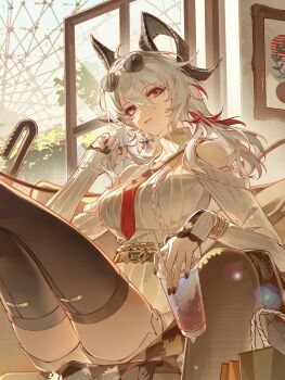 1girl absurdres ahoge black_horns black_nails black_thighhighs chinese_commentary closed_mouth clothing_cutout commentary_request cup curled_horns disposable_cup dress earrings eyewear_on_head fingernails grey_dress grey_hair hair_between_eyes highres holding holding_cup horns indoors jewelry long_hair mole mole_under_eye multicolored_hair nail_polish necktie red_eyes red_necktie sanyue_qiushi shoulder_cutout sitting solo streaked_hair sunglasses sweater sweater_dress thighhighs thighs wuthering_waves zani_(downtown_repose)_(wuthering_waves) zani_(wuthering_waves)
