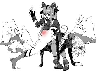 0_0 2girls @_@ absurdres angry animal_ear_fluff animal_ear_piercing animal_ears ankle_boots anklet arknights ass bang_dream! bang_dream!_it&#039;s_mygo!!!!! bdsm blunt_bangs boots bottomless bow bowtie brooch chinese_commentary closed_mouth commentary_request crossover curled_horns demon_girl demon_horns dress drill_hair ear_piercing feathers femdom floating fold-over_boots frilled_dress frilled_gloves frilled_sleeves frilled_wrist_cuffs frills full_body furrowed_brow gloves hair_ornament hair_ribbon hand_on_floor highres holding holding_feather holding_paddle horns jewelry knees_together_feet_apart lace-up_boots layered_sleeves leg_hold leg_up light_blush long_hair long_sidelocks long_sleeves looking_down low_drills low_ponytail medium_dress morpheus_(arknights) motion_lines multiple_girls multiple_piercings no_shoes on_stool open_mouth over_the_knee paddle pain pantyhose piercing pigeon-toed ponytail puffy_short_sleeves puffy_sleeves ribbon shin_strap short_over_long_sleeves short_sleeves sidelocks simple_background single_drill single_glove single_wrist_cuff sitting sleeves_past_wrists socks spanked spanking square_neckline stool story_in_commentary sweat tail tears thigh_strap tickle_torture tickling tickling_feet tiptoes togawa_sakiko togawa_sakiko_(master_of_melodia) twitching two-handed two_side_up unfinished v-shaped_eyebrows variant_set very_long_hair white_background wrist_cuffs x_hair_ornament x_x young_fun yuri