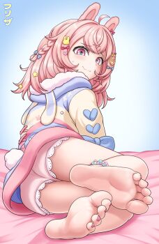 1girl :3 ahoge animal_ears anklet artist_name bare_legs barefoot blue_background blue_bow blush bow closed_mouth commentary crossed_bangs efreezerarts english_commentary feet foot_focus from_behind full_body fur_trim hair_ornament heart heart_hair_ornament highres hood hood_down hoodie jewelry long_hair looking_at_viewer nail_polish paid_reward_available partially_visible_vulva phase_connect pink_bow pink_eyes pink_hair pink_nails pink_shoes pipkin_pippa rabbit_ears rabbit_girl rabbit_tail shoes sitting slippers soles solo star_(symbol) star_hair_ornament tail toenail_polish toenails toes virtual_youtuber yokozuwari